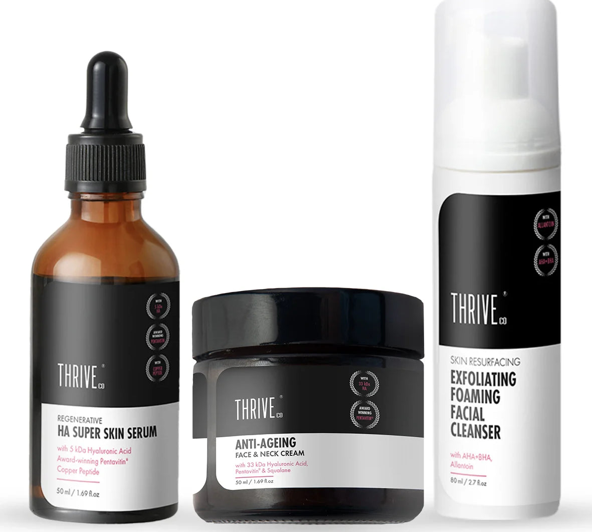 ThriveCo Glow Getter Skin Care Kit Exfoliating Foaming Face Wash Hyaluronic Acid Super Skin Serum Anti Ageing Face & Neck Cream