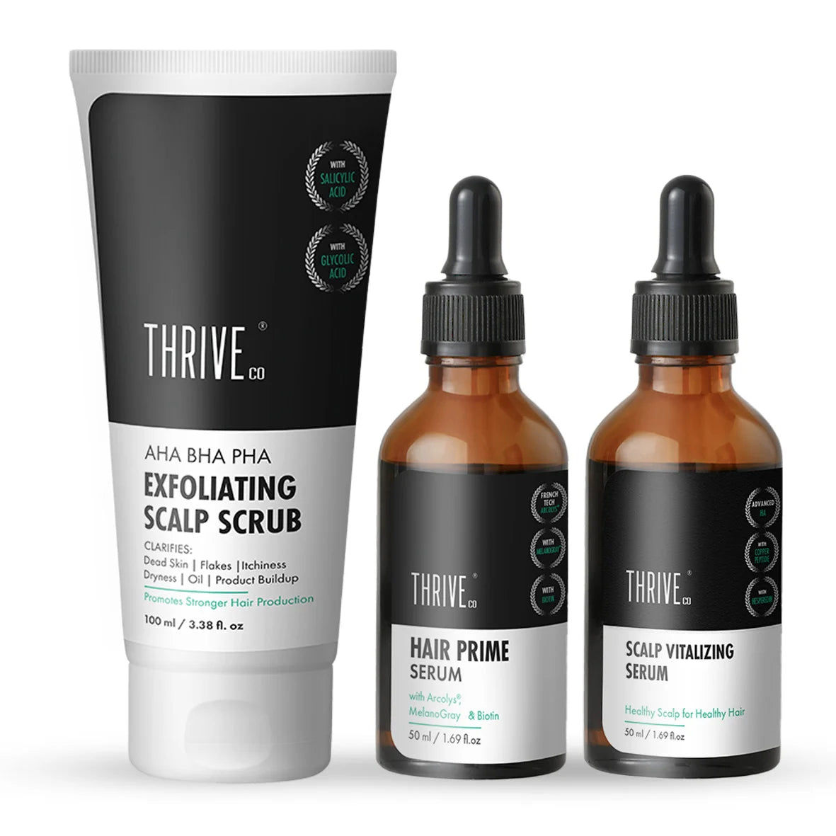 ThriveCo Hair Prime Serum ThriveCo Scalp Exfoliating Scrub ThriveCo Scalp Vitalizing Serum