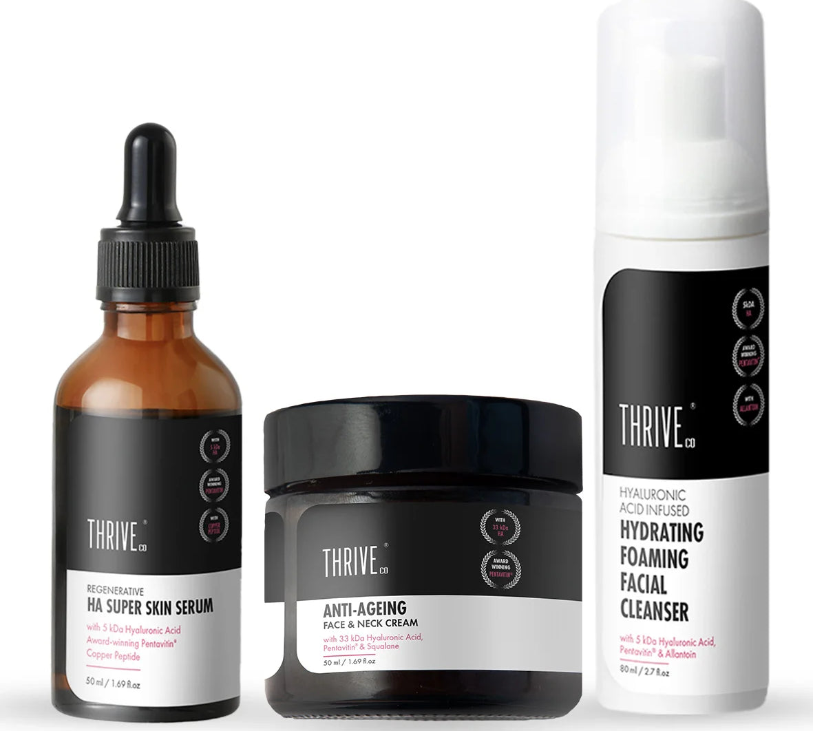 ThriveCo Youthful Hydrating Skin Care Kit Hydrating Foaming Facial Cleanser Anti Ageing Face and Neck Cream Hyaluronic Acid Super Skin Serum
